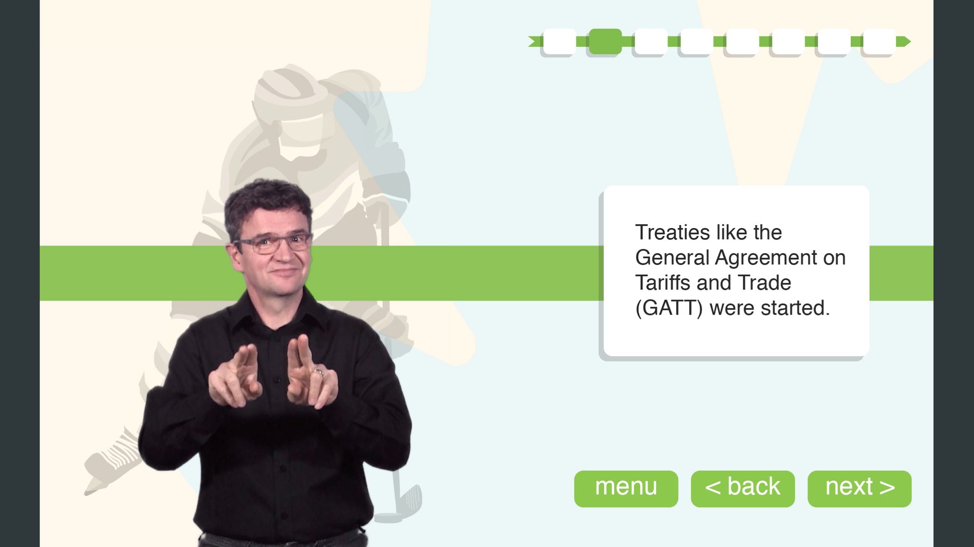 This is a screen cap of a slide from Deaf Learn Now's Citizenship prep course. On the left side of frame, an ASL interpreter is signing. On the right side of the frame is text and navigation buttons.
