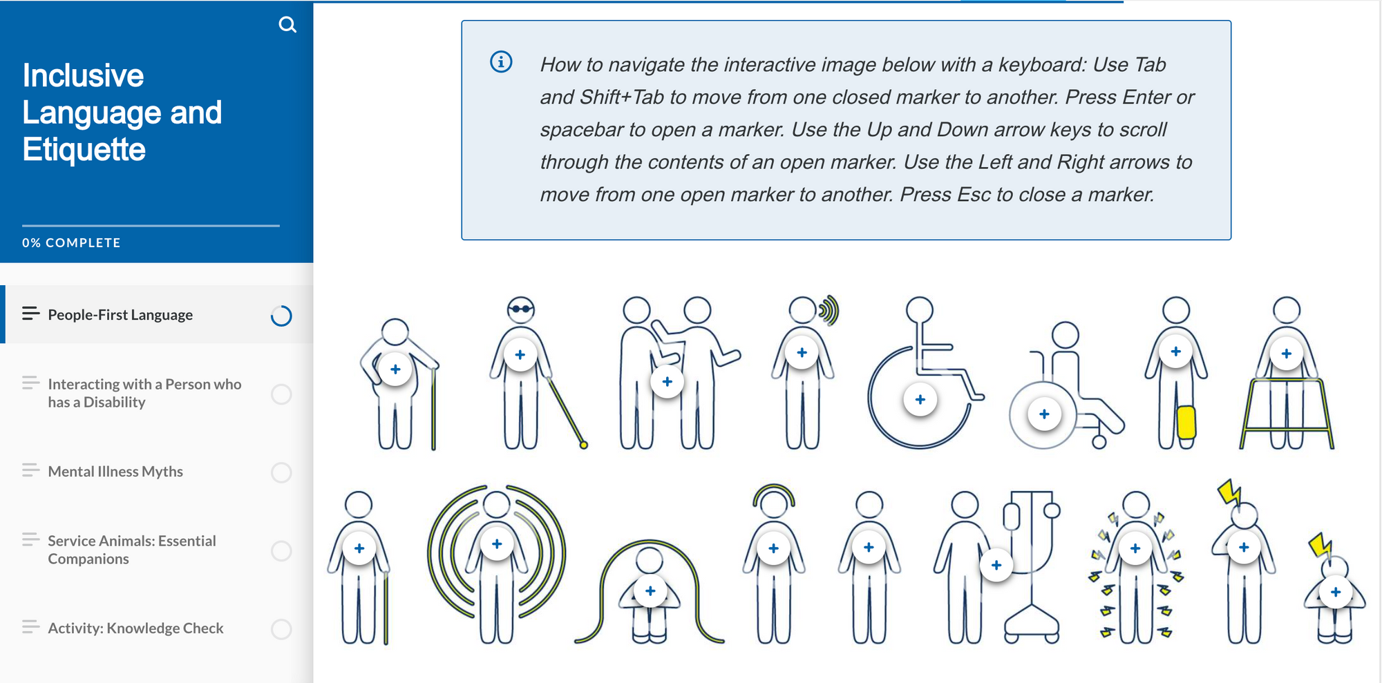 This is a screen cap of a slide from the RHF Accessibility Assessors course. On the slide are a series of illustrations used to demonstrate inclusive language that will be used in the course.