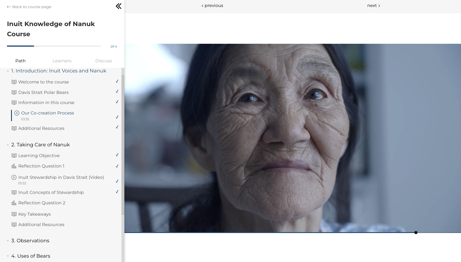 A screenshot of the Inuit Knowledge of Nanuk eLearning course.